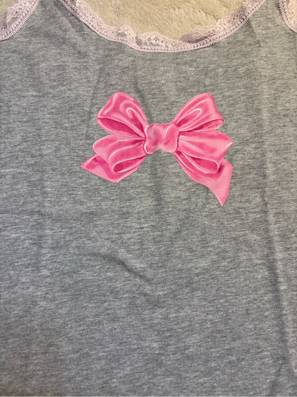 NWT LoveShackFancy X VS PINK Cami Medium Gray Pink Bow Lace Trim Tank Cotton NEW - Picture 6 of 16